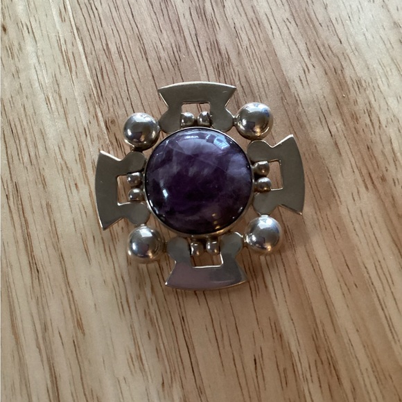 Vintage Mexico Sterling Large Amethyst Brooch 33.75g